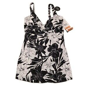Roxanne black/white floral swimdress one-piece w/ built-in bra 42DD- Size 18 NWT